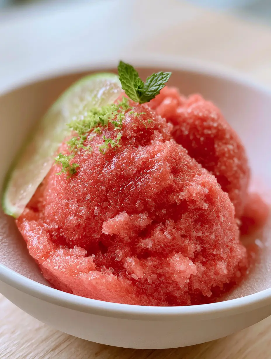 Watermelon Sorbet: The Ultimate Creamy 3-Ingredient Summer Dessert 3 A macro shot of watermelon sorbet showing a dense, velvety texture and bright green lime zest. (watermelon sorbet)