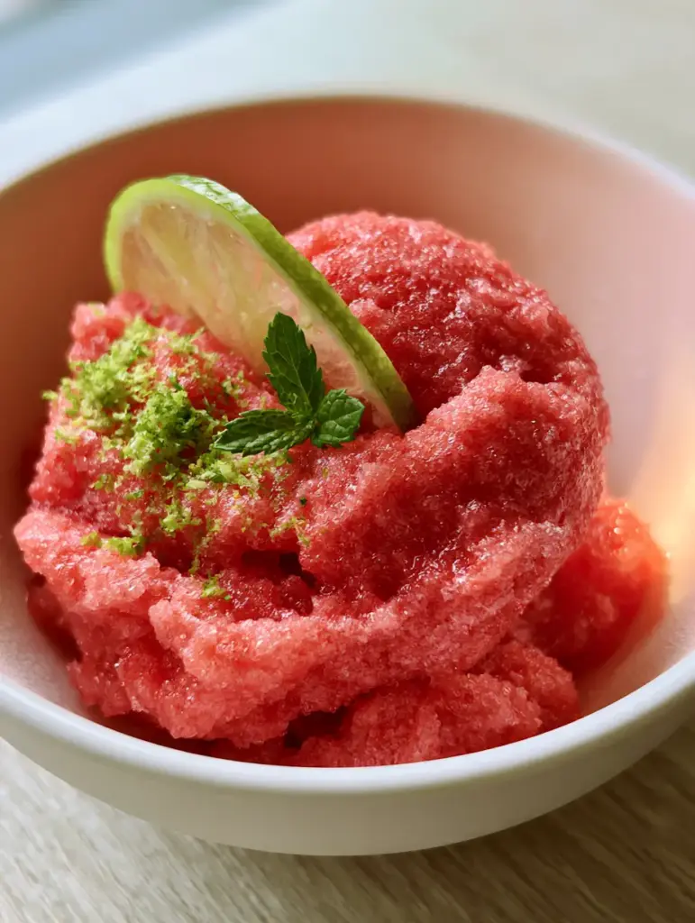 Watermelon Sorbet: The Ultimate Creamy 3-Ingredient Summer Dessert 1 Eye-level shot of a coral-pink sorbet scoop in a white bowl under morning sunlight.