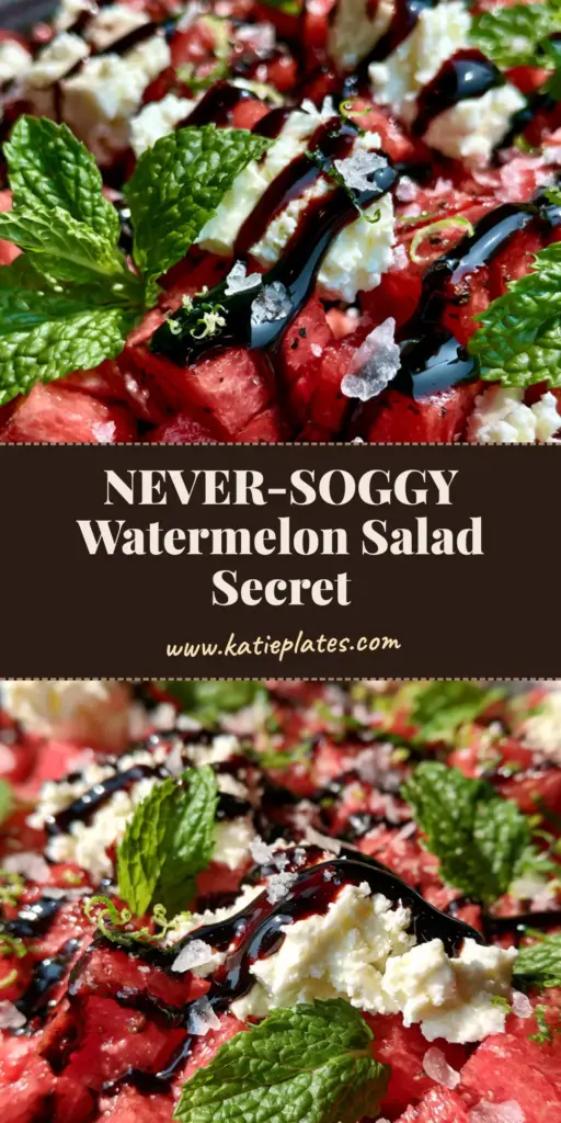 Watermelon Salad with Feta, Mint, and Thick Balsamic Glaze 4 A gourmet watermelon salad with geometric cubes, feta, and balsamic glaze in a black bowl. (watermelon salad)