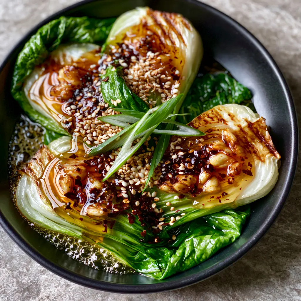 Spicy Garlic Bok Choy with Sizzling Chili Oil and Toasted Garlic 1 Close-up of Spicy Garlic Bok Choy with sizzling bubbles in the chili oil and charred stalk edges.