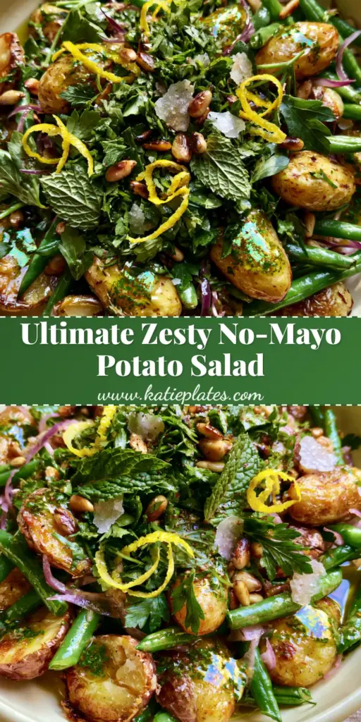 Potato and Green Bean Salad with Roasted Fingerlings and Herb Vinaigrette 4 A top-down view of a Potato and Green Bean Salad featuring roasted fingerlings and blanched green beans in a cream bowl.
