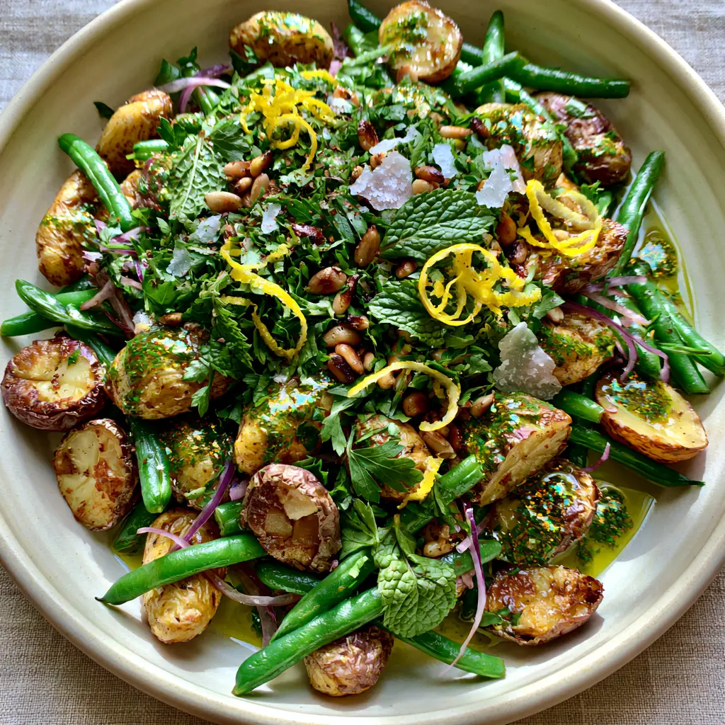 Potato and Green Bean Salad with Roasted Fingerlings and Herb Vinaigrette 2 Close-up of roasted fingerling potatoes and green beans drizzled with emerald herb vinaigrette. (Potato and Green Bean Salad)