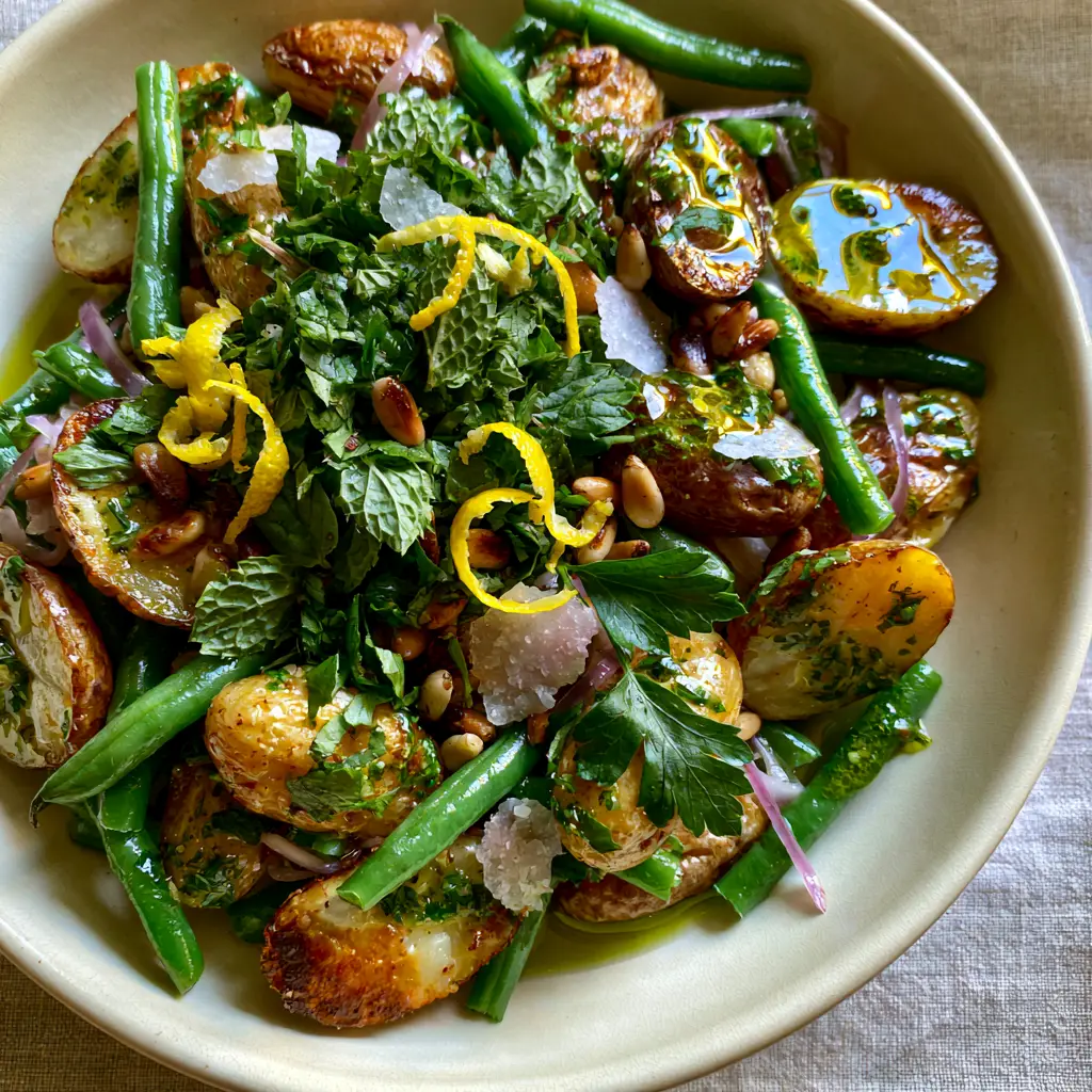 Potato and Green Bean Salad with Roasted Fingerlings and Herb Vinaigrette 1 Smartphone photo of Potato and Green Bean Salad on a linen surface with lemon zest curls and pine nuts.