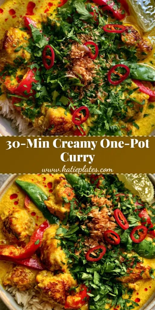 Coconut chicken curry with Golden Seared Chicken and Glossy Sauce 4 A top-down view of a ceramic bowl filled with golden Coconut chicken curry, seared chicken, red peppers, and snap peas over jasmine rice. (Coconut chicken curry)