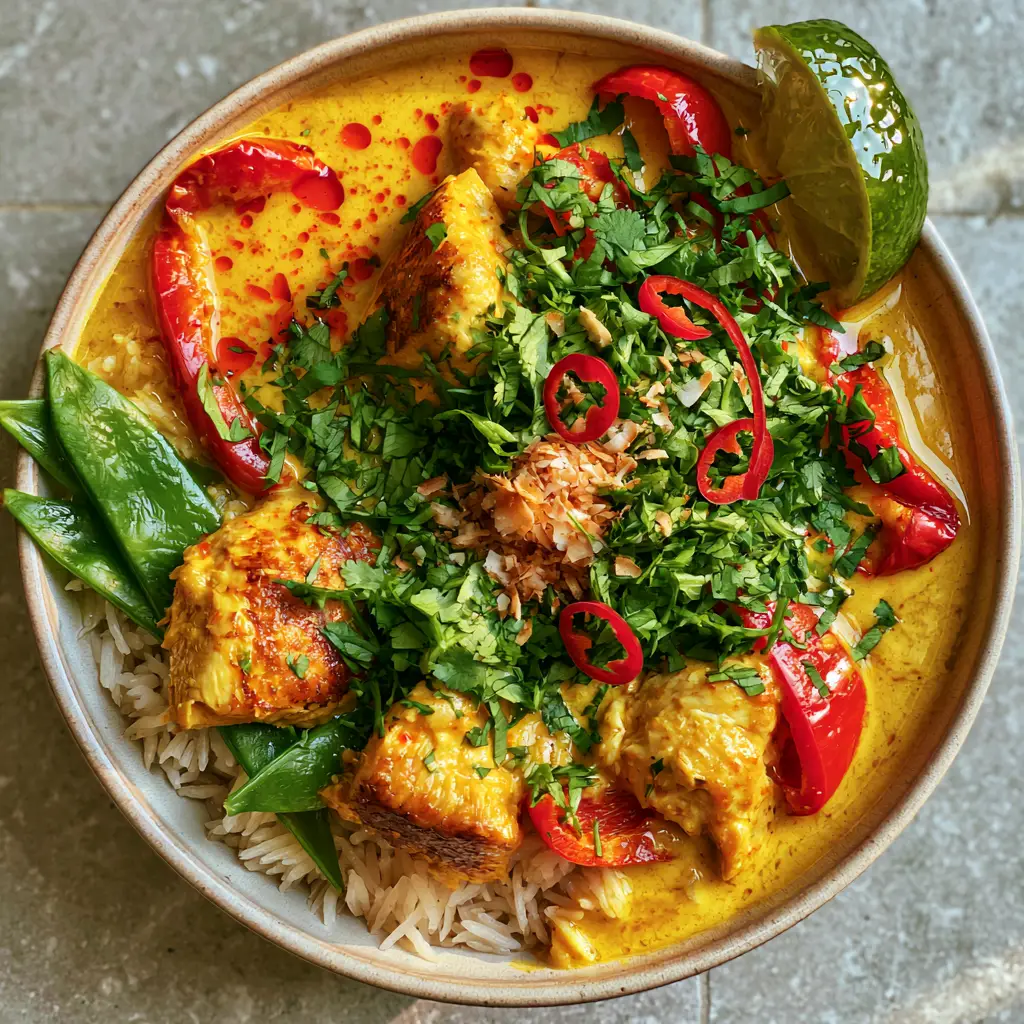 Coconut chicken curry with Golden Seared Chicken and Glossy Sauce 2 Close up handheld photo of golden coconut curry sauce with red chili oil droplets and fresh cilantro. (Coconut chicken curry)