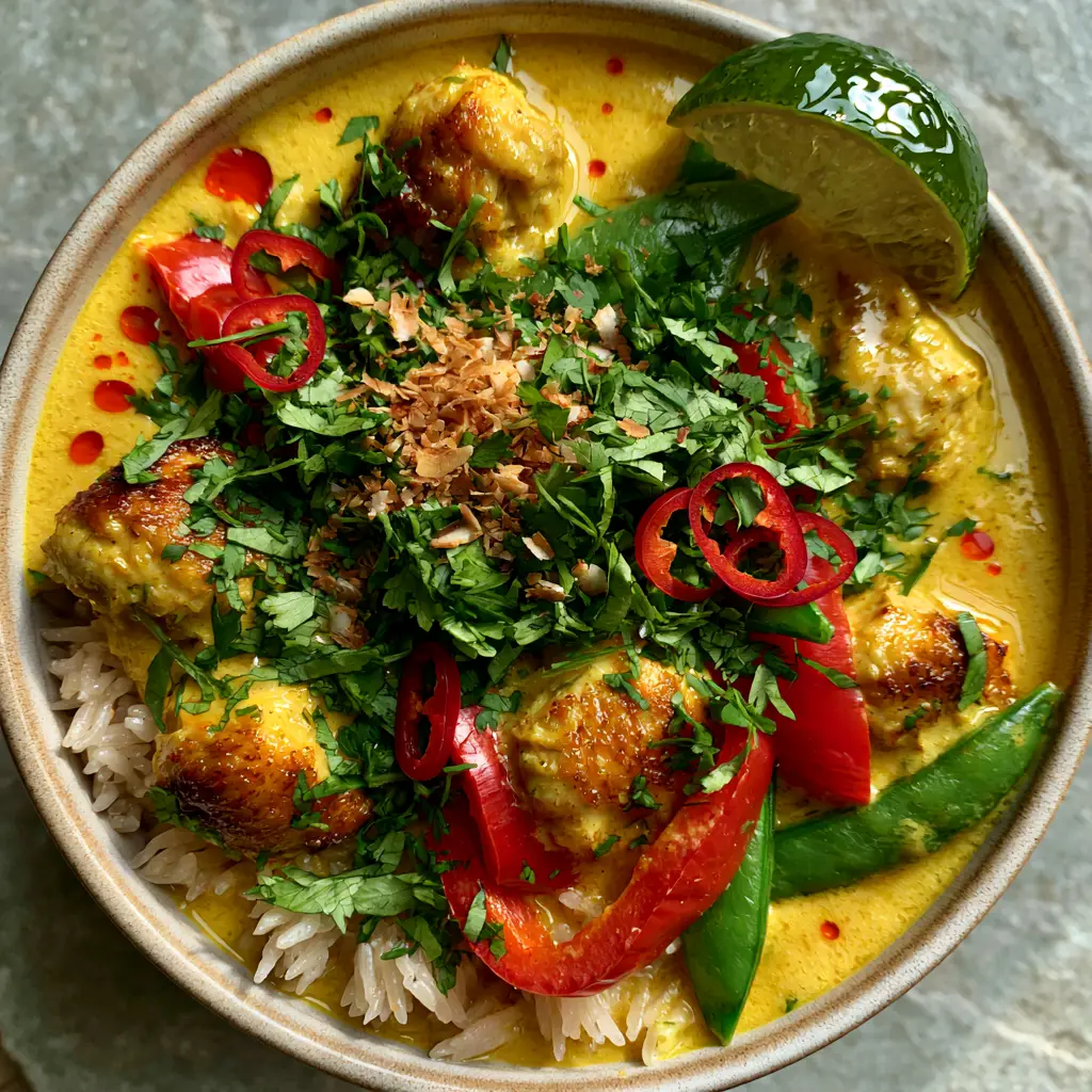 Coconut chicken curry with Golden Seared Chicken and Glossy Sauce 1 Top-down view of Coconut chicken curry in a shallow bowl with individual grains of jasmine rice and a lime wedge.