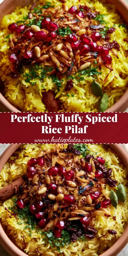 Middle Eastern Spiced Rice Pilaf with Saffron and Pomegranate 4 A close-up of Middle Eastern Spiced Rice Pilaf in a terracotta pot with pomegranate seeds and charred almonds.