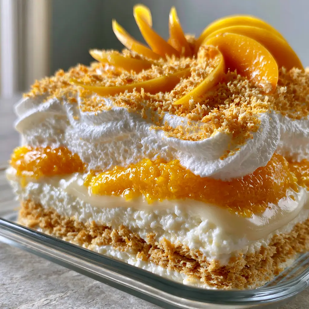 Top view of a mango float decorated with sophisticated mango fans and graham cracker dust.
