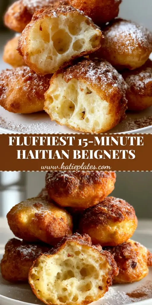 Haitian Beignets: The Ultimate Recipe for Crispy, Airy Banana Fritters 4 A tall stack of golden-brown Haitian beignets on a white plate, one beignet torn open to show a steaming honeycomb interior and powdered sugar dusting.