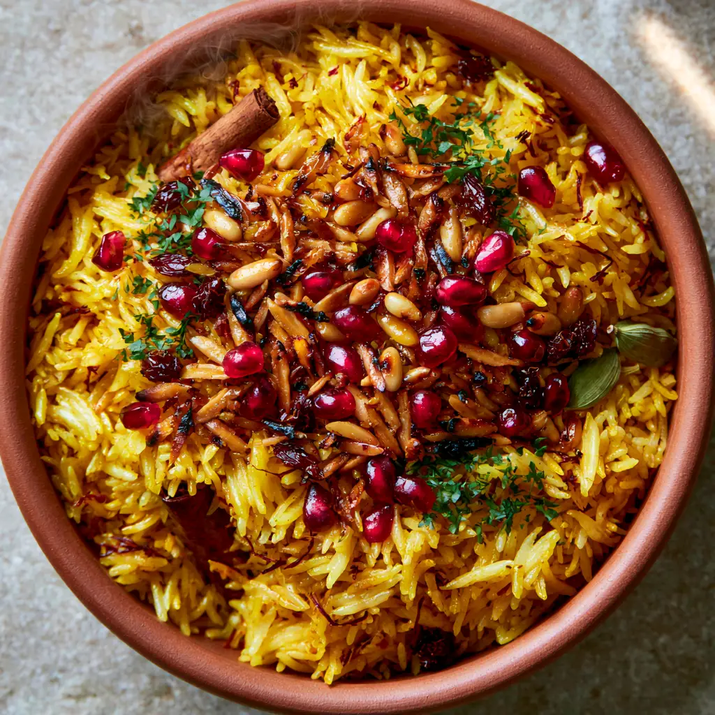 Middle Eastern Spiced Rice Pilaf with Saffron and Pomegranate 2 High-angle shot of perfectly separated saffron-tinted basmati rice grains in a matte pot. (Middle Eastern Spiced Rice Pilaf)