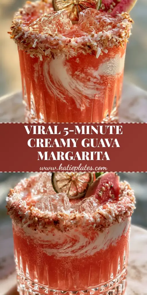 A luxurious guava coconut margarita in a ribbed crystal tumbler with a toasted coconut rim and pink guava garnish.