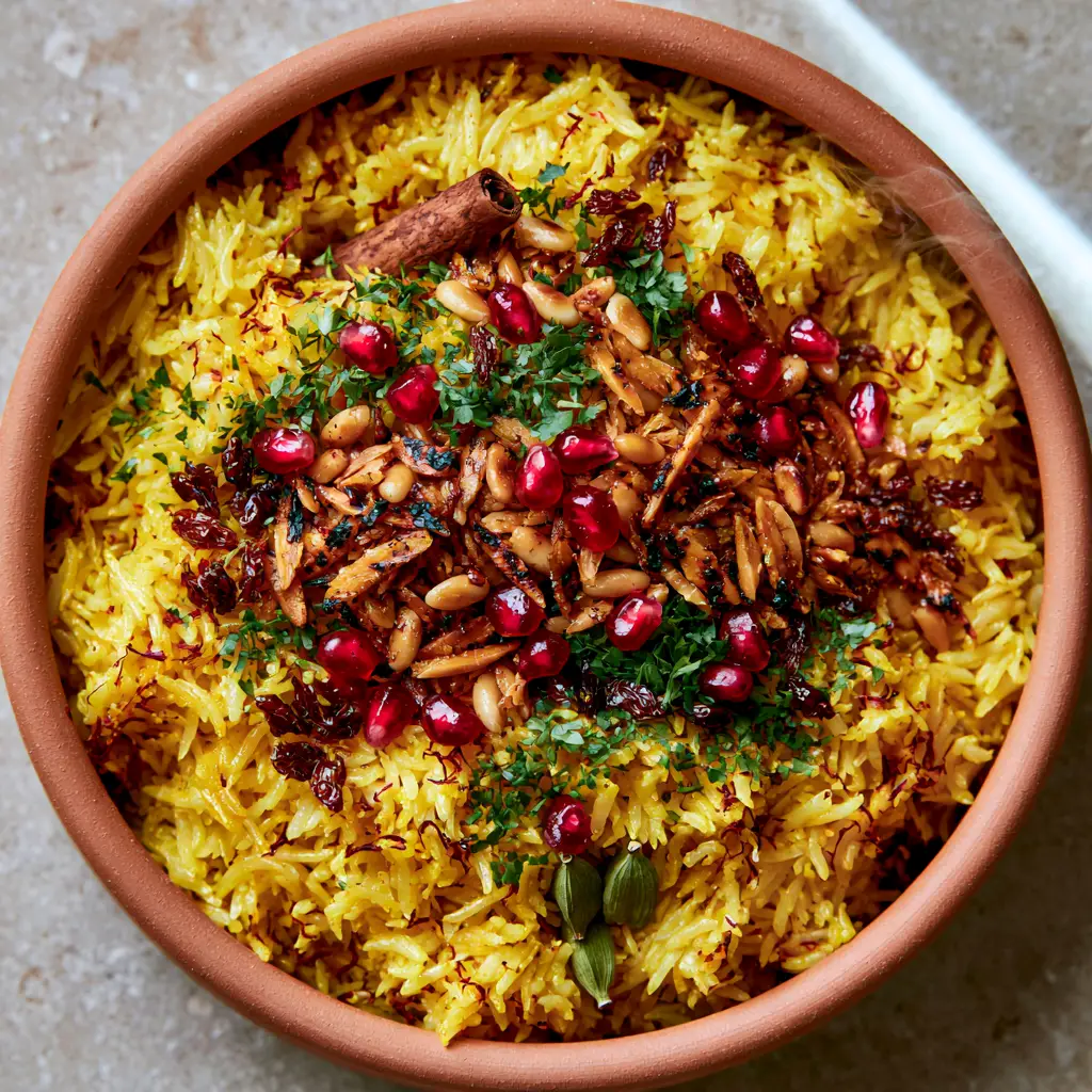 Middle Eastern Spiced Rice Pilaf with Saffron and Pomegranate 1 Steaming Middle Eastern Spiced Rice Pilaf with cinnamon stick and cardamom pods visible.