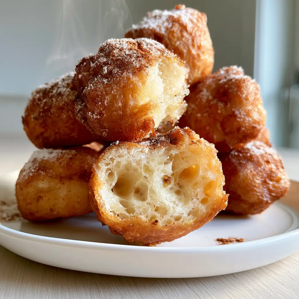 Close-up macro shot of Haitian beignets showing the crispy golden texture and fine powdered sugar dusting.
