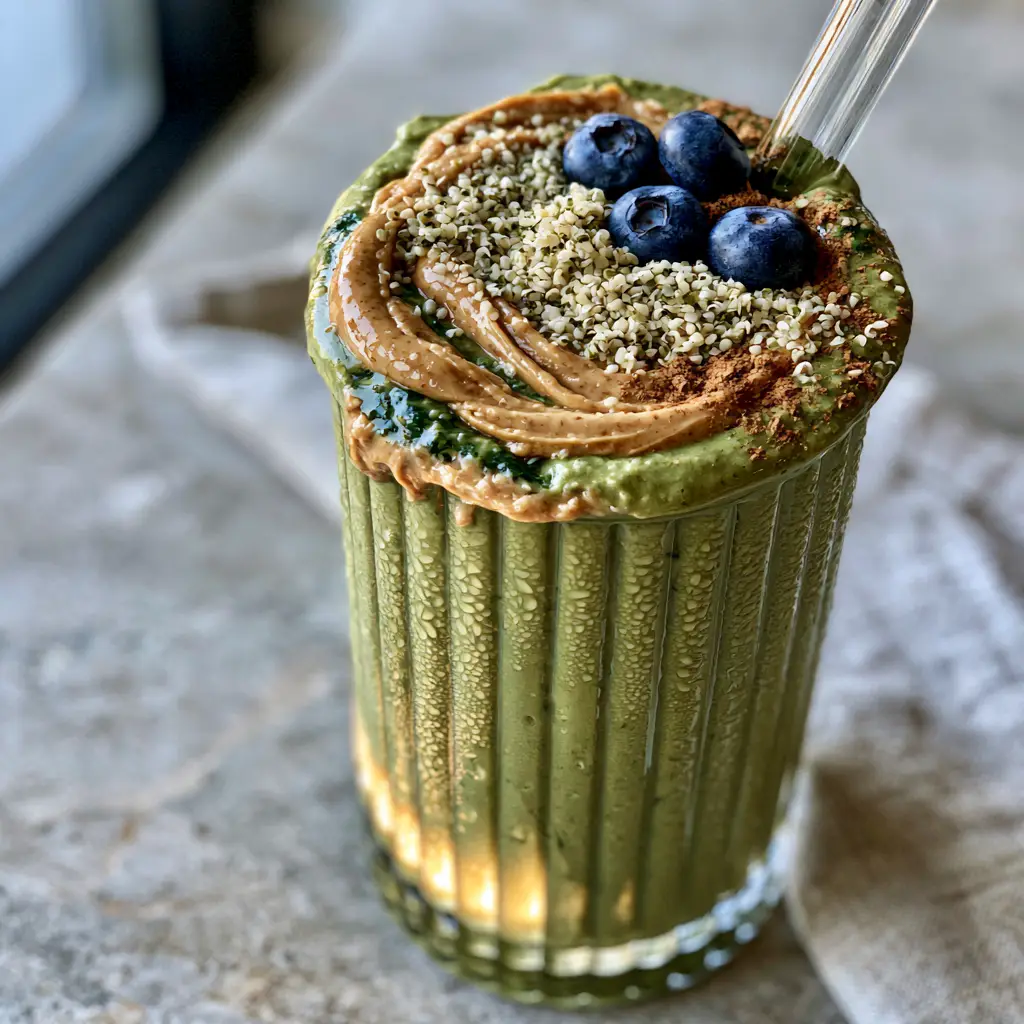 Breakfast Smoothie Recipes: The Ultimate Creamy Avocado and Spinach Power Blend 1 Eye-level shot of a smoothie topped with almond butter, three blueberries, and hemp hearts on a stone countertop. (breakfast smoothie recipes)
