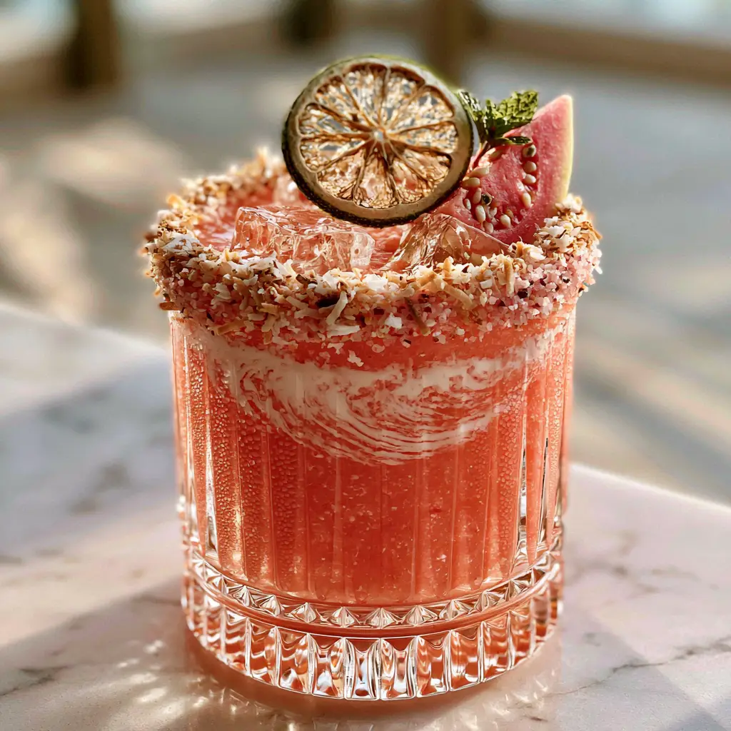 Top down view of a guava coconut margarita with toasted coconut rim, dehydrated lime, and fresh mint.