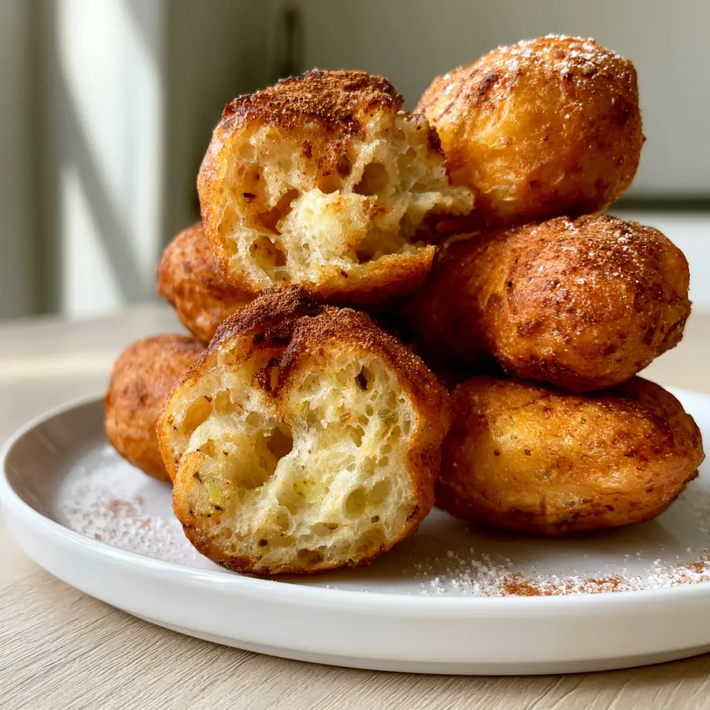Haitian Beignets: The Ultimate Recipe for Crispy, Airy Banana Fritters 1 A hero Haitian beignet torn open, revealing a steaming and incredibly airy pillowy interior with visible honeycomb air pockets.