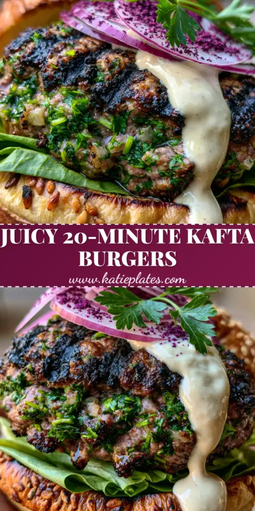Lebanese Kafta Burger with Creamy Tahini and Sumac Onions 4 A close-up handheld photo of a Lebanese Kafta Burger with a thick seared beef patty, dripping tahini sauce, and sumac onions.