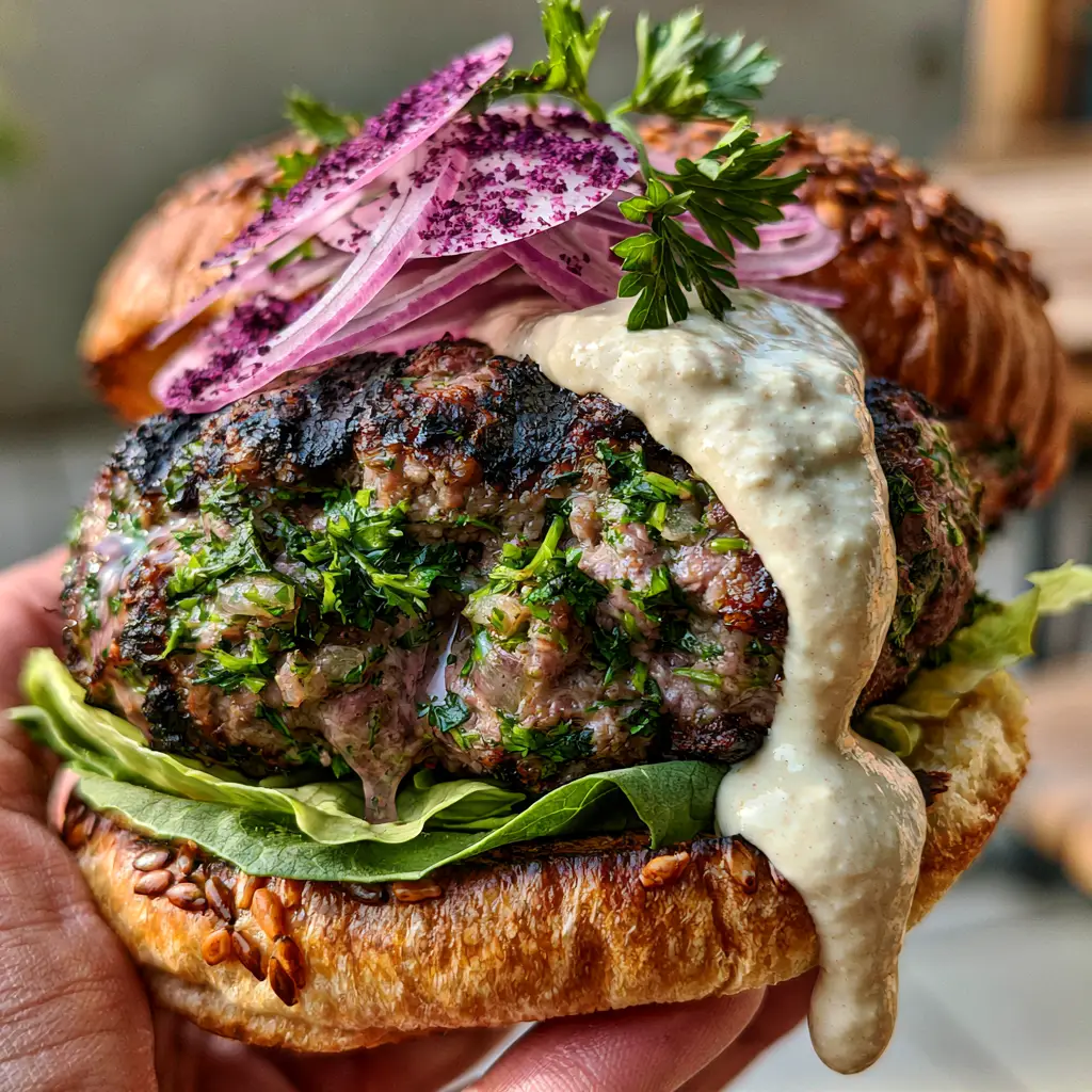 Lebanese Kafta Burger with Creamy Tahini and Sumac Onions 2 Gourmet Lebanese Kafta Burger held in hand showing charred grill marks and dripping ivory tahini sauce.