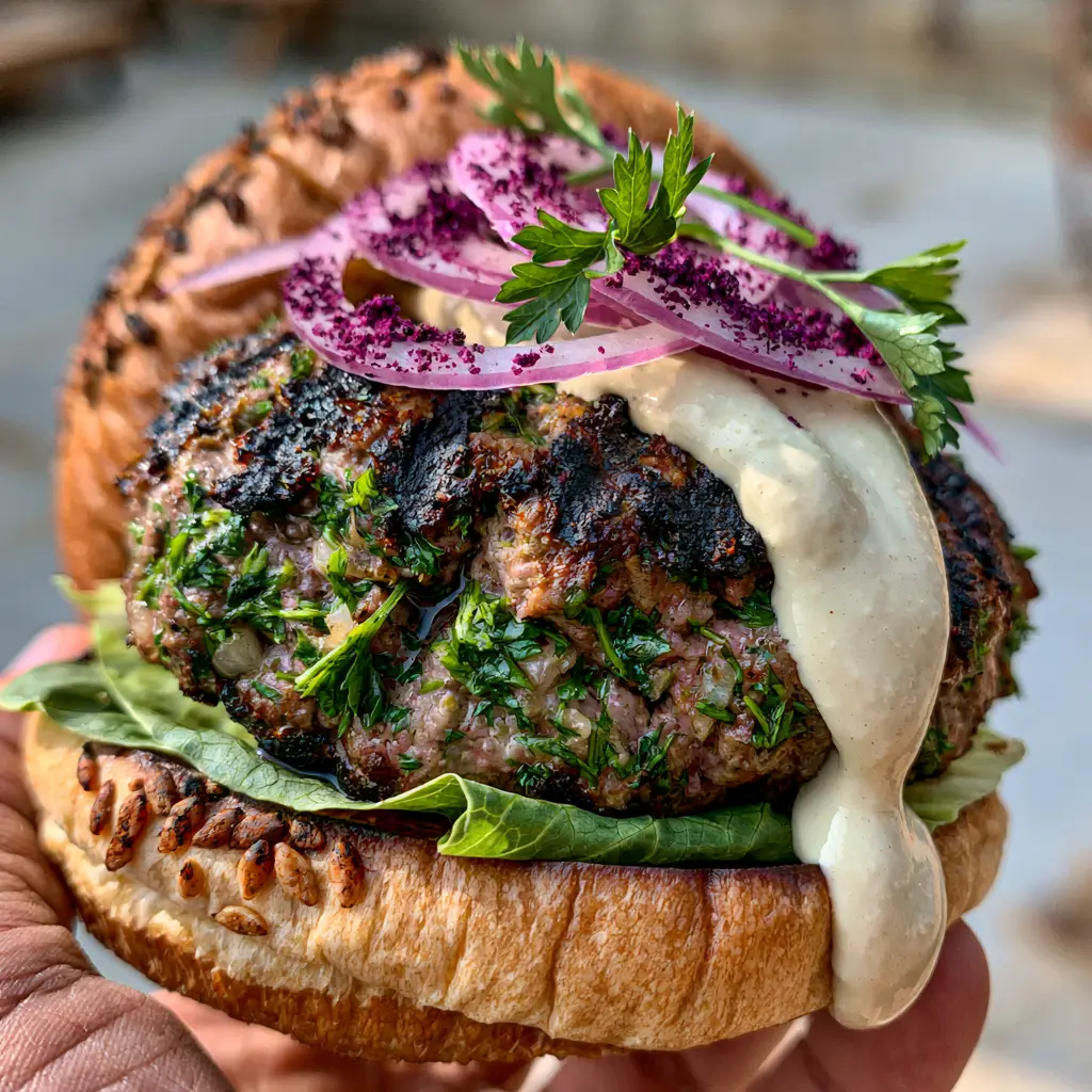 Lebanese Kafta Burger with Creamy Tahini and Sumac Onions 1 Lebanese Kafta Burger on a sesame brioche bun with crisp lettuce and sumac-dusted red onions.