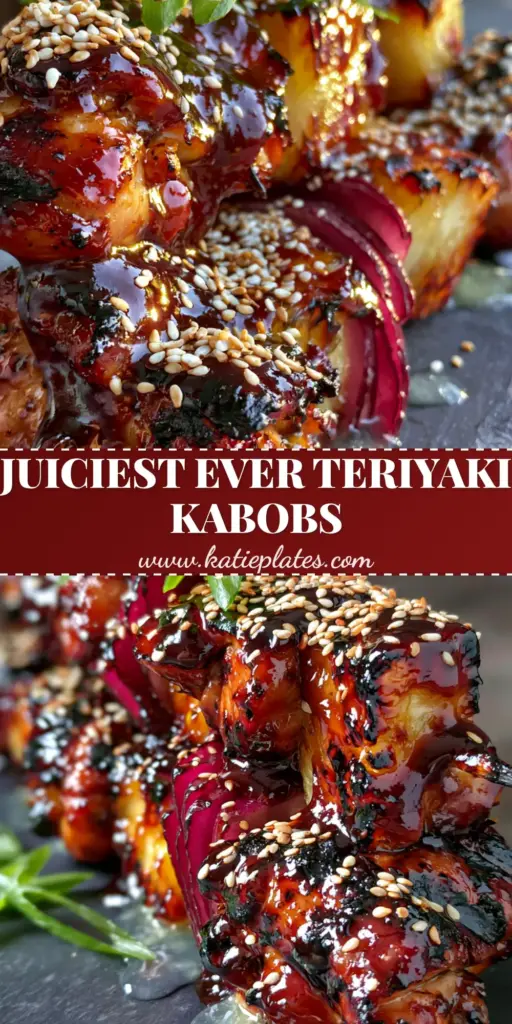 Hawaiian Teriyaki Chicken Kabobs with a Glossy Mahogany Glaze 4 A close-up shot of three Hawaiian teriyaki chicken kabobs stacked on a dark slate board, featuring glossy mahogany glaze and charred pineapple.