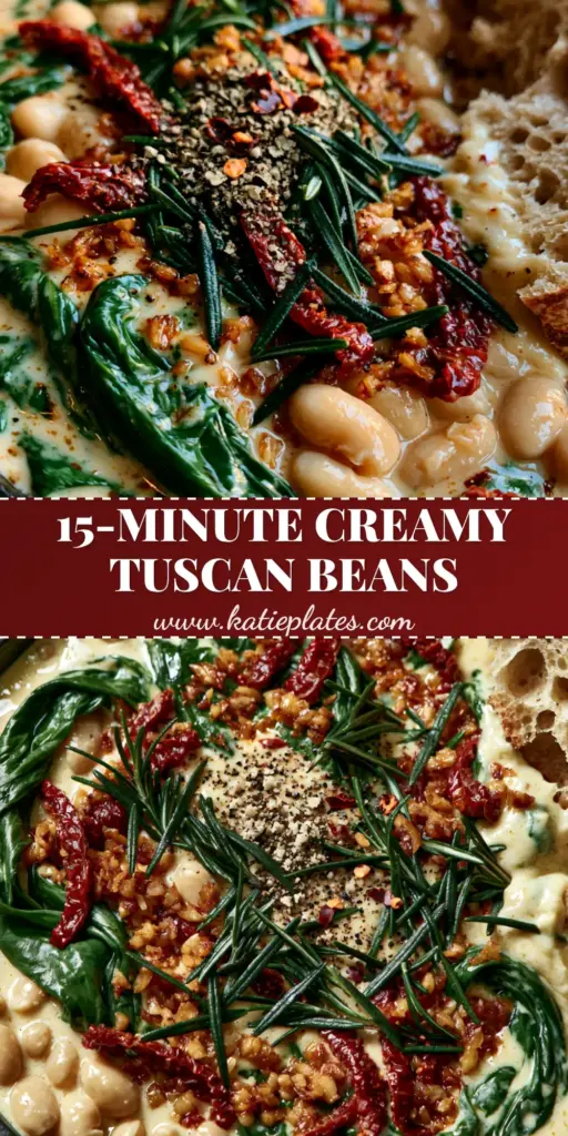 Tuscan White Beans with Sun-Dried Tomatoes and Creamy Parmesan Sauce 4 A top-down view of a cast iron skillet filled with Creamy Tuscan White Beans, emerald spinach, and ruby sun-dried tomatoes, served with toasted sourdough. (Tuscan White Beans)
