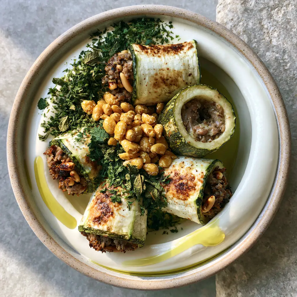 Stuffed zucchini sliced open to reveal a moist lamb and pine nut interior in a velvety white sauce.