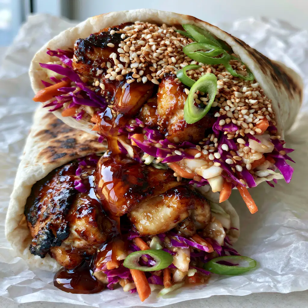 Teriyaki Chicken Wrap: The Ultimate Glossy, Charred, and Crunchy Recipe 1 Side view of stacked teriyaki chicken wraps showing the vibrant colors of matchstick carrots and green scallions.
