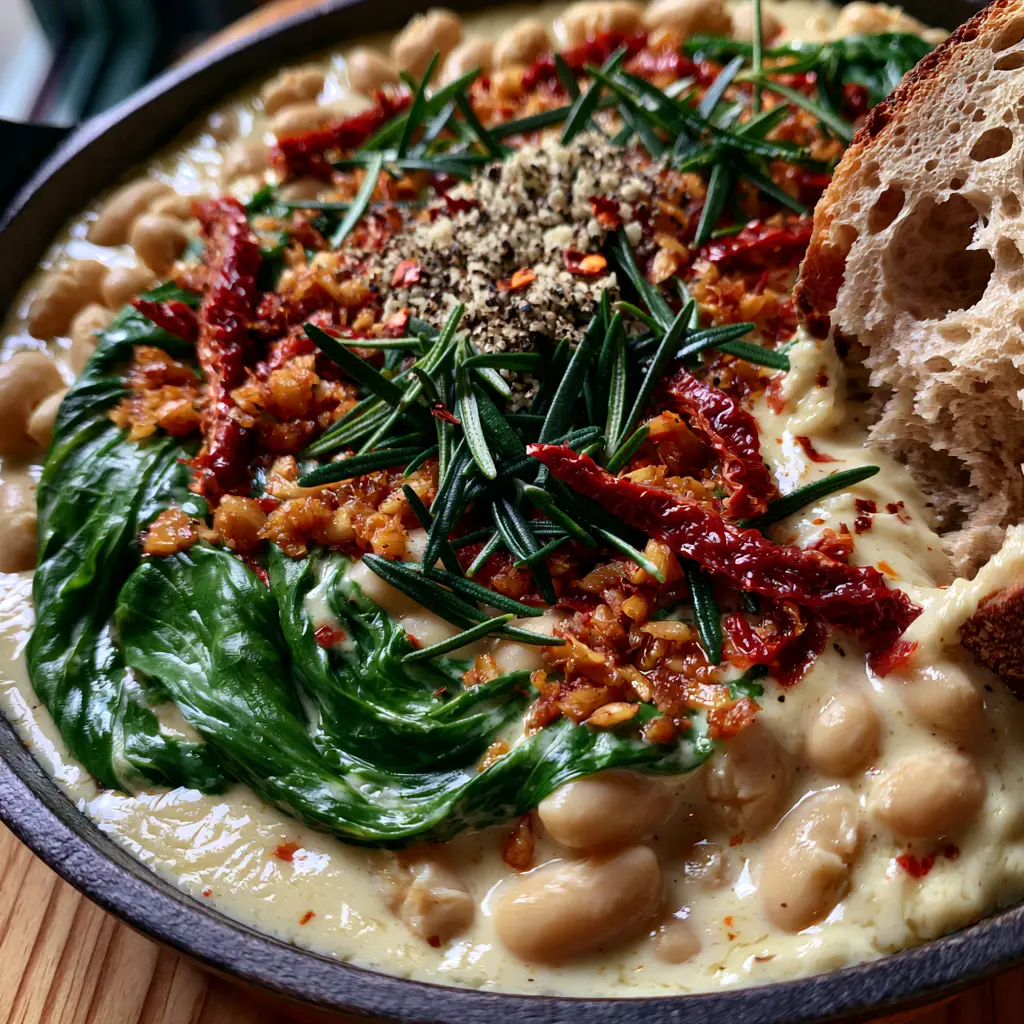 Tuscan White Beans with Sun-Dried Tomatoes and Creamy Parmesan Sauce 2 Close-up of glossy ivory parmesan sauce covering plump cannellini beans with spinach ribbons and rosemary. (Tuscan White Beans)