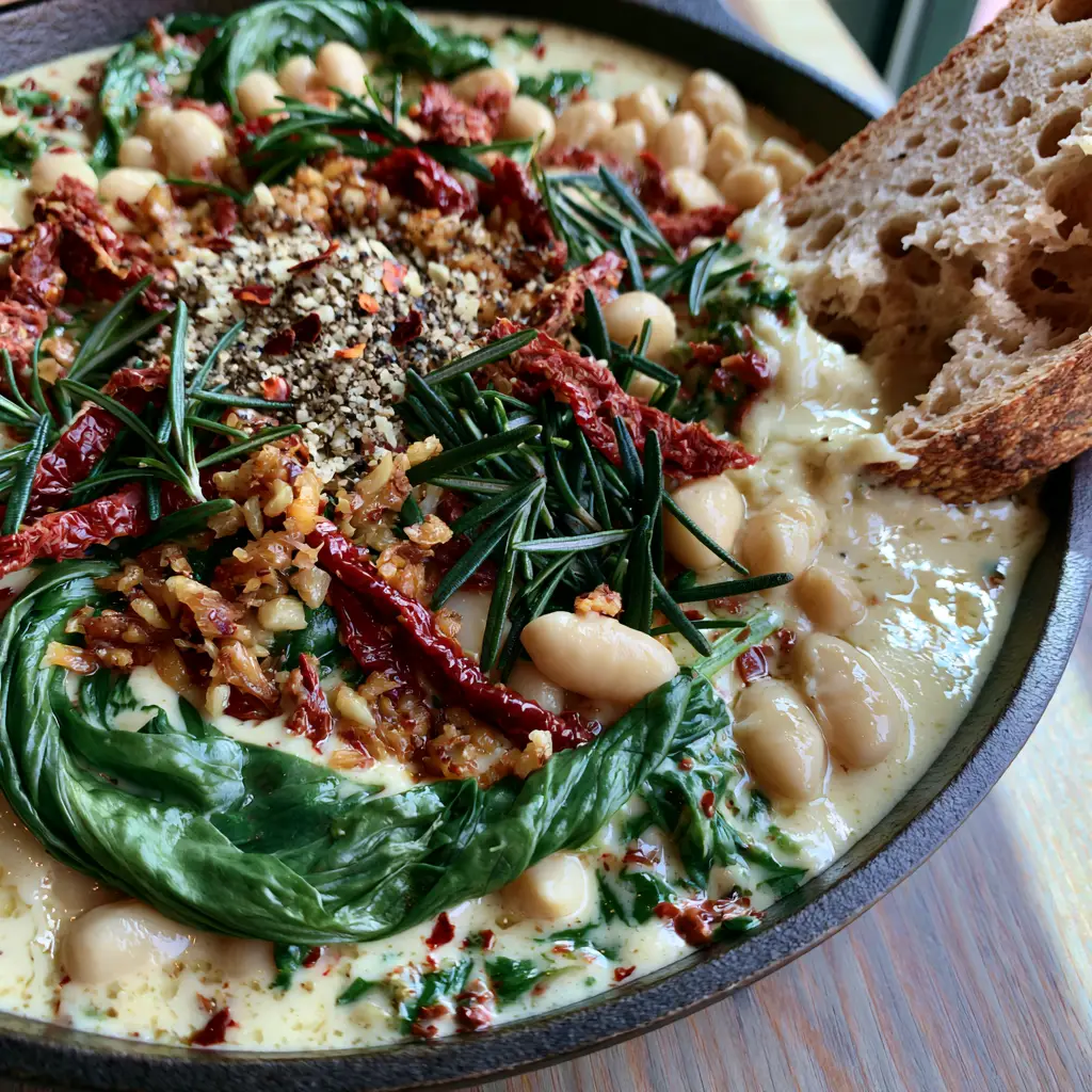 Tuscan White Beans with Sun-Dried Tomatoes and Creamy Parmesan Sauce 1 A hand-torn piece of toasted sourdough bread being dipped into a skillet of Creamy Tuscan White Beans.
