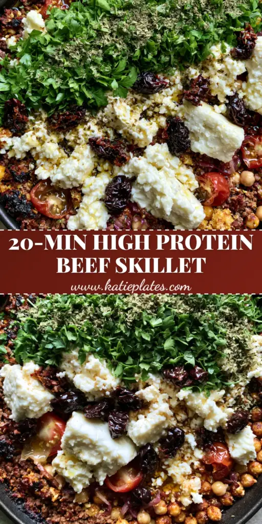 Beef and Chickpeas Skillet with Blistered Tomatoes and Creamy Feta 4 A top-down shot of a Beef and Chickpeas Skillet in a black cast iron pan featuring seared beef, crispy chickpeas, blistered tomatoes, and large chunks of feta.