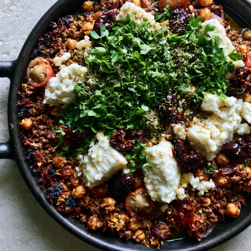 Beef and Chickpeas Skillet with Blistered Tomatoes and Creamy Feta 2 Close up of seared ground beef and crispy chickpeas in a skillet with blistered cherry tomatoes. (Beef and Chickpeas Skillet)