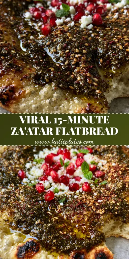 Za'atar Flatbread (Manakish): The Ultimate Quick No-Yeast Recipe 4 A close-up handheld shot of authentic Za'atar Flatbread (Manakish) with charred edges, glistening oil, feta, and pomegranate seeds.