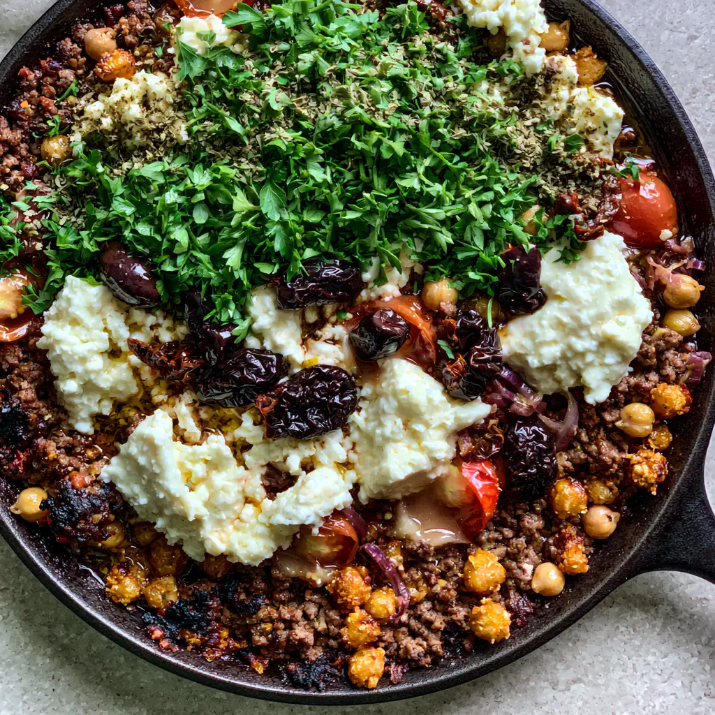 Beef and Chickpeas Skillet with Blistered Tomatoes and Creamy Feta 1 Beef and Chickpeas Skillet topped with large feta chunks, kalamata olives, and fresh parsley.