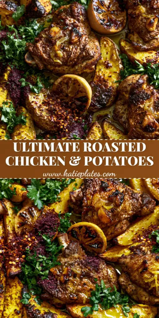Middle Eastern Roasted Chicken and Potatoes with Crispy Turmeric Wedges 4 A rustic sheet pan filled with Middle Eastern roasted chicken and potatoes, featuring turmeric-stained wedges, charred garlic, and caramelized lemons, dusted with sumac and parsley.