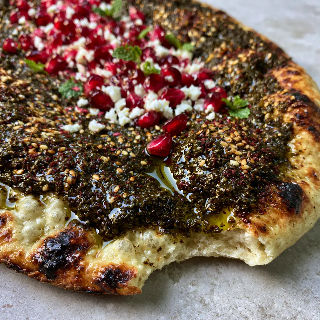 Overhead view of Lebanese Za'atar Flatbread showing the thick herb paste and toasted sesame seeds on a stone background.