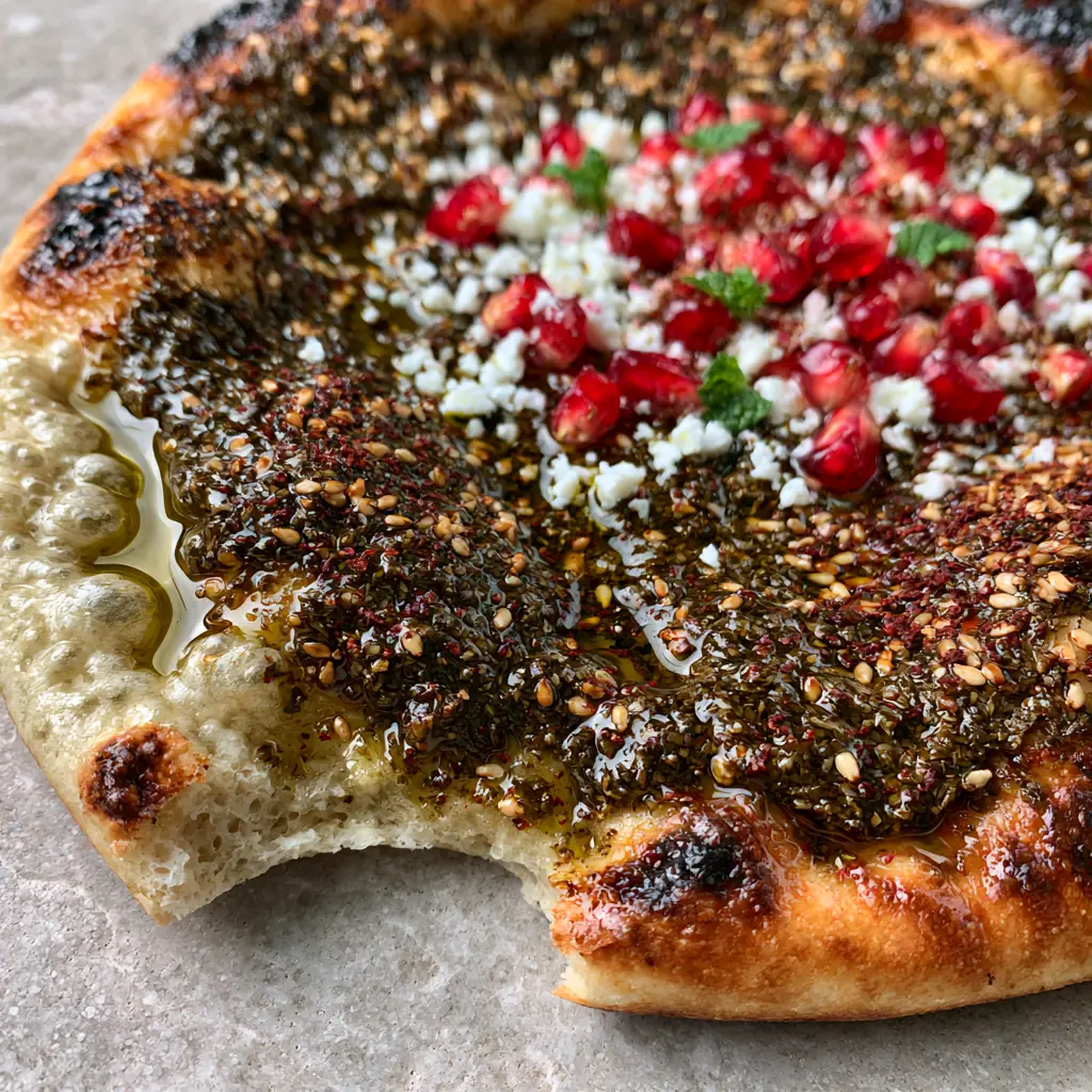 Za'atar Flatbread (Manakish): The Ultimate Quick No-Yeast Recipe 1 A piece of Za'atar Flatbread torn open to reveal a soft, airy interior and golden-brown blistered edges.