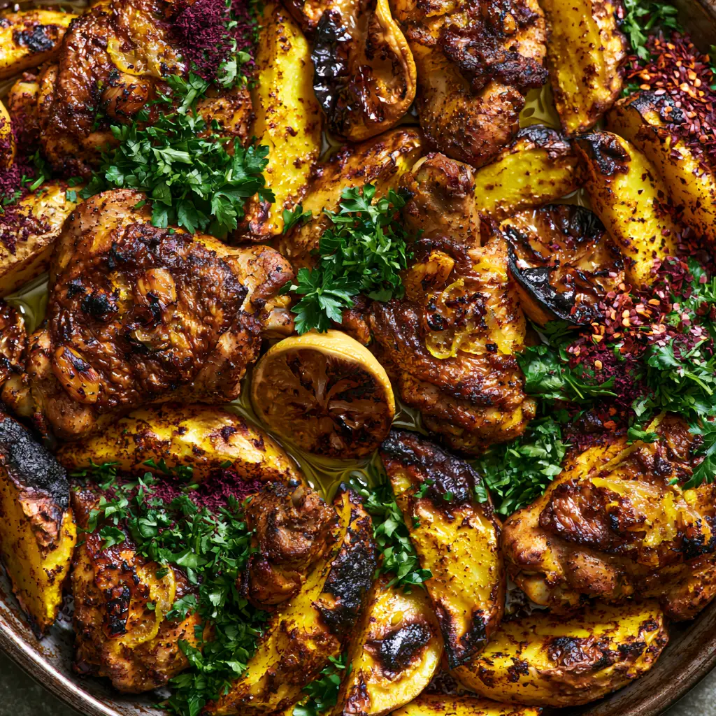 Middle Eastern Roasted Chicken and Potatoes with Crispy Turmeric Wedges 2 Close-up of crispy bone-in chicken thighs with bronze skin and golden turmeric potatoes on a dark metal pan.