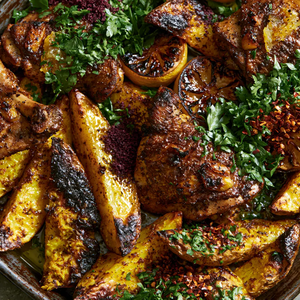 Middle Eastern Roasted Chicken and Potatoes with Crispy Turmeric Wedges 1 Top-down shot of roasted chicken, charred garlic, and caramelized lemons with a heavy scatter of fresh parsley and sumac.