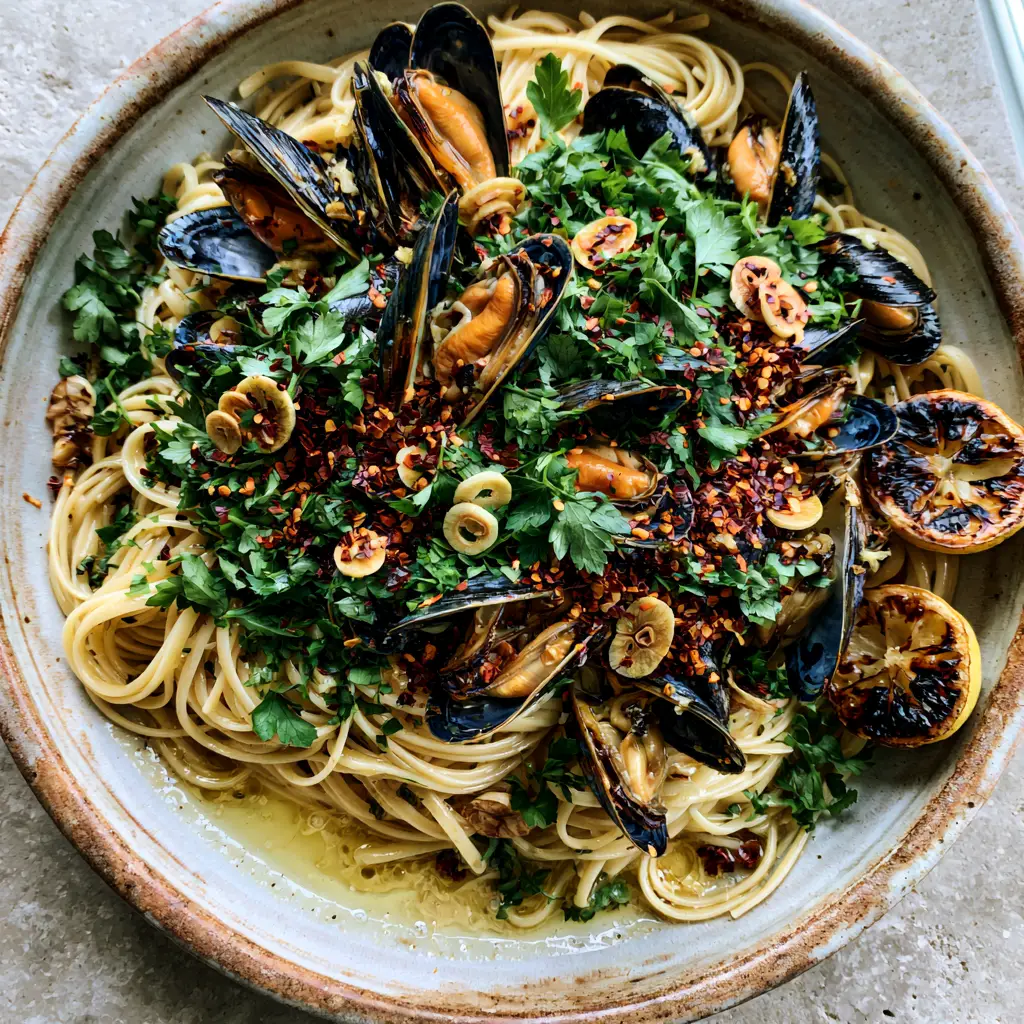 Top-down view of a ceramic bowl filled with glistening Mussels pasta and charred lemons. (Mussels pasta)