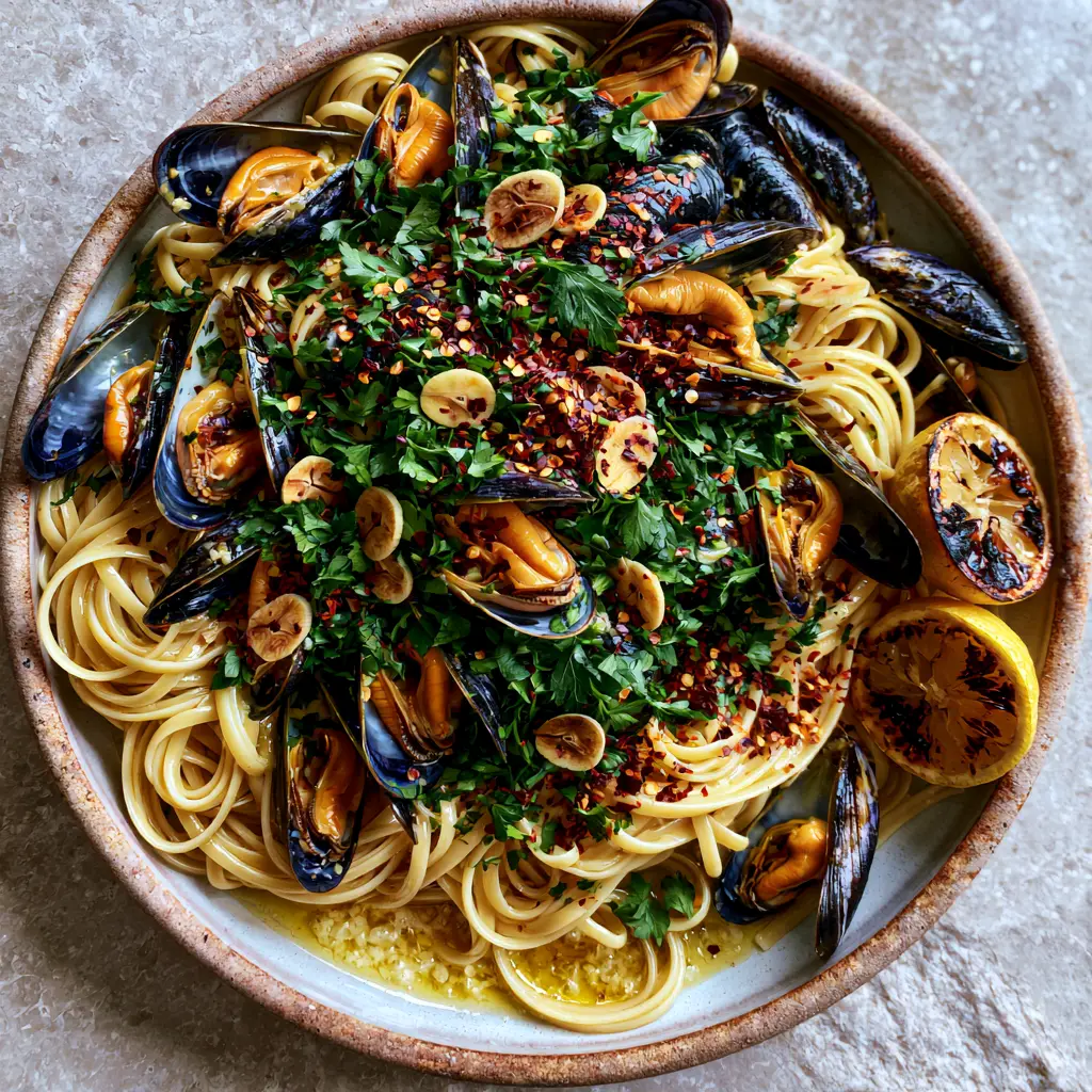 Mussels Pasta with Garlic Butter and White Wine Sauce 1 Close up of al dente linguine and plump orange mussels in a garlic butter sauce.