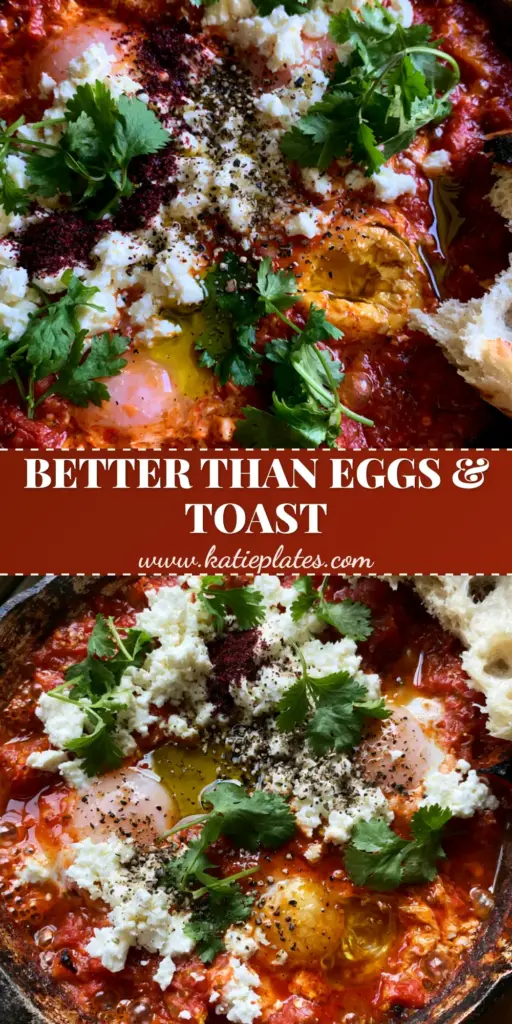A steaming cast iron skillet of Shakshuka with poached eggs, feta, and cilantro, representing authentic Arabic breakfast recipes.