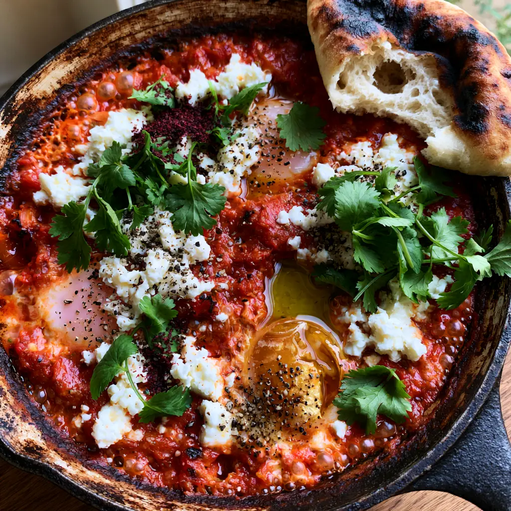 Close up of crumbled feta, cilantro, and dark red sumac on top of poached eggs.