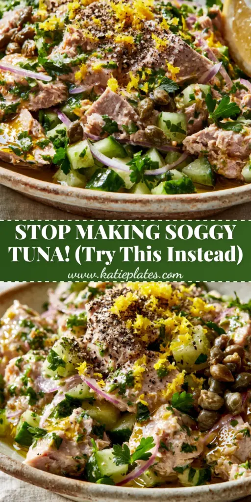 Canned Tuna Recipes Reimagined: The Ultimate Glistening Mediterranean Salad 3 A close-up shot of a Mediterranean tuna salad in a rustic bowl with chunky tuna, cucumbers, and lemon zest. (canned tuna recipes)