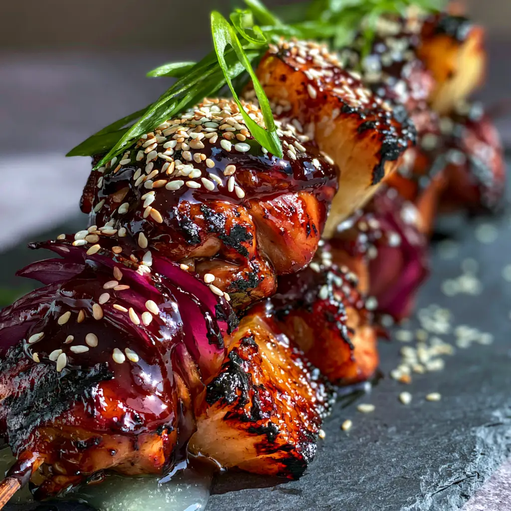 Hawaiian Teriyaki Chicken Kabobs with a Glossy Mahogany Glaze 2 Extreme macro close-up of Hawaiian teriyaki chicken kabobs showing the thick mahogany glaze and sesame seed garnish.