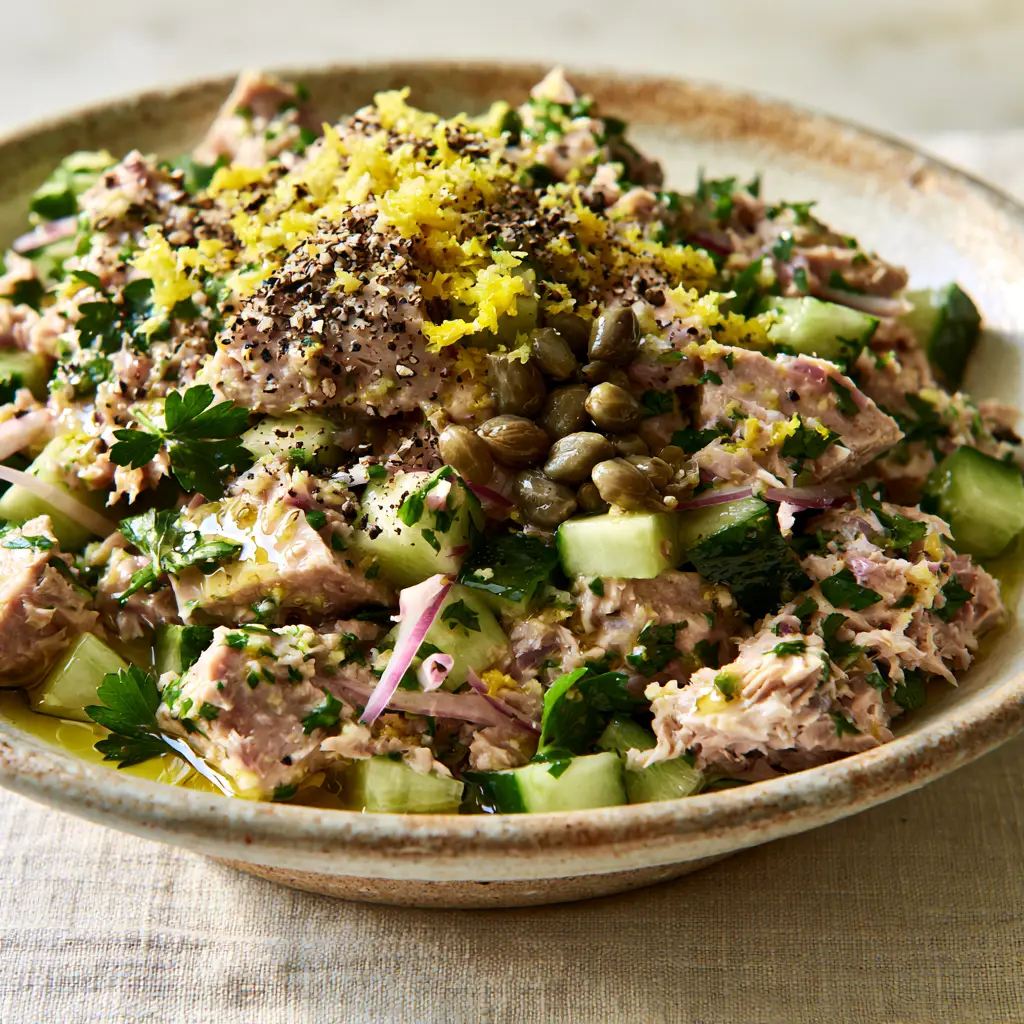 Top-down view of vibrant canned tuna recipes featuring flaky tuna chunks, bright green parsley, and capers. (canned tuna recipes)