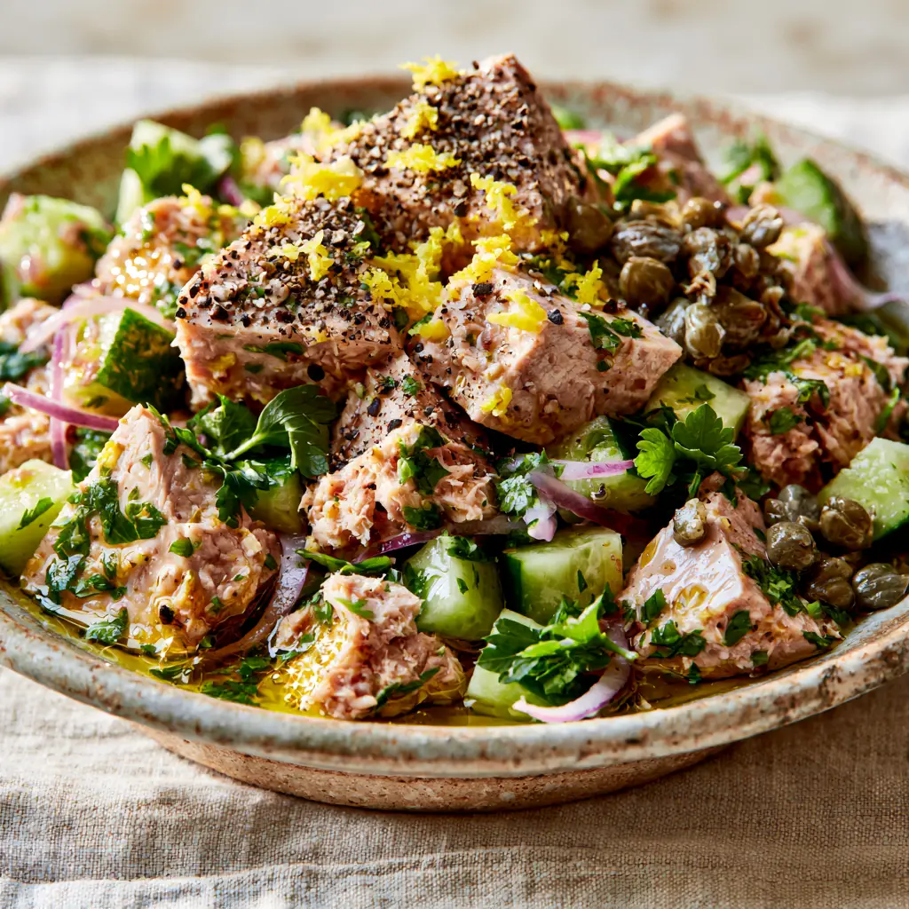 Canned Tuna Recipes Reimagined: The Ultimate Glistening Mediterranean Salad 1 Macro shot of glistening olive oil on meaty chunks of light tuna with cracked black pepper.