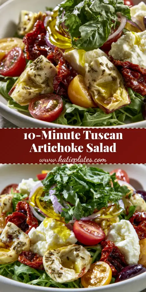 A professional food photography shot of a Tuscan artichoke tomato salad in a white bowl with arugula, feta, and kalamata olives.