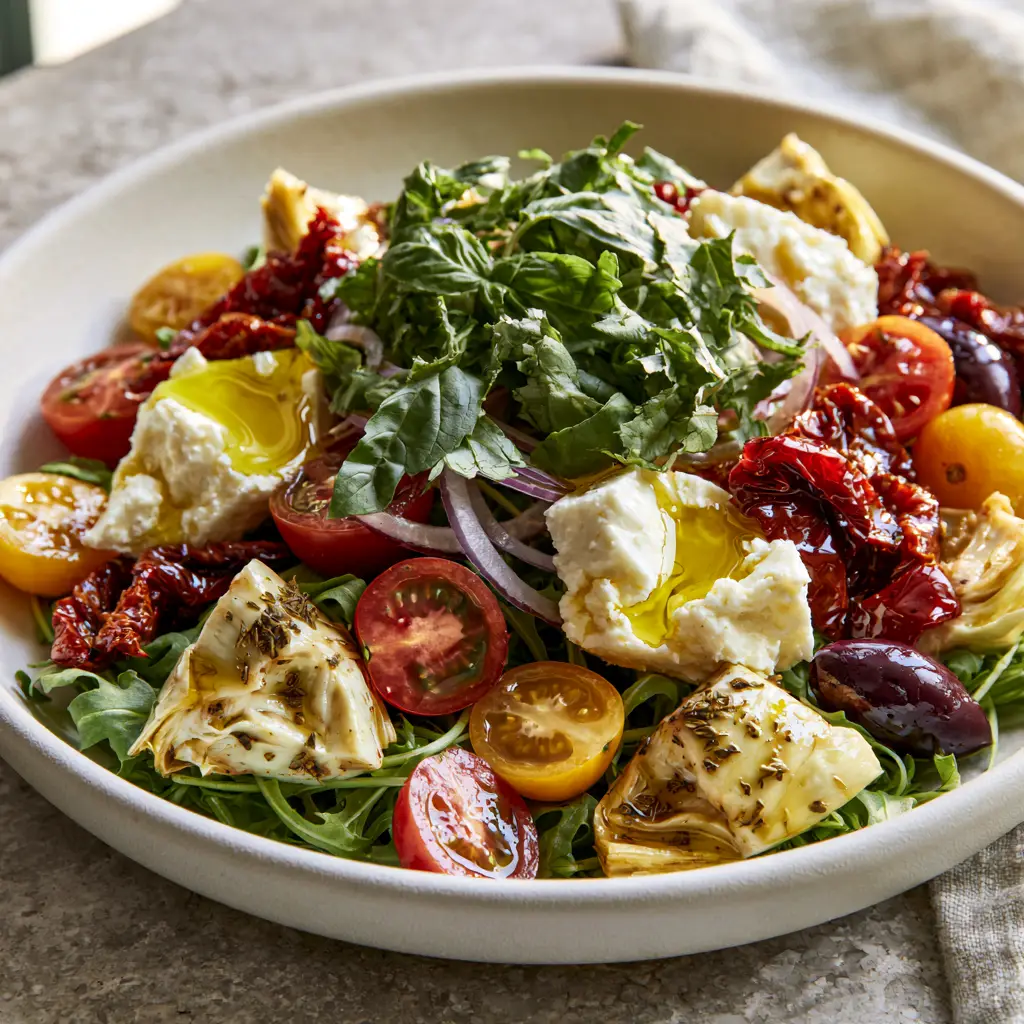 Close-up of Tuscan artichoke tomato salad showing marinated artichoke hearts with oregano and red heirloom tomatoes.