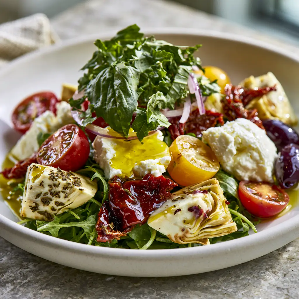 A side view of the Tuscan artichoke tomato salad in a matte-white bowl on a stone countertop.