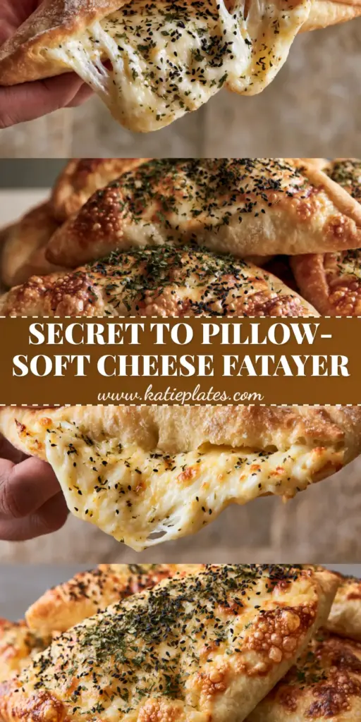 A vertical split-screen showing a close-up cheese pull of a Cheese Fatayer and a stack of golden-brown Lebanese cheese boats on a rustic plate.